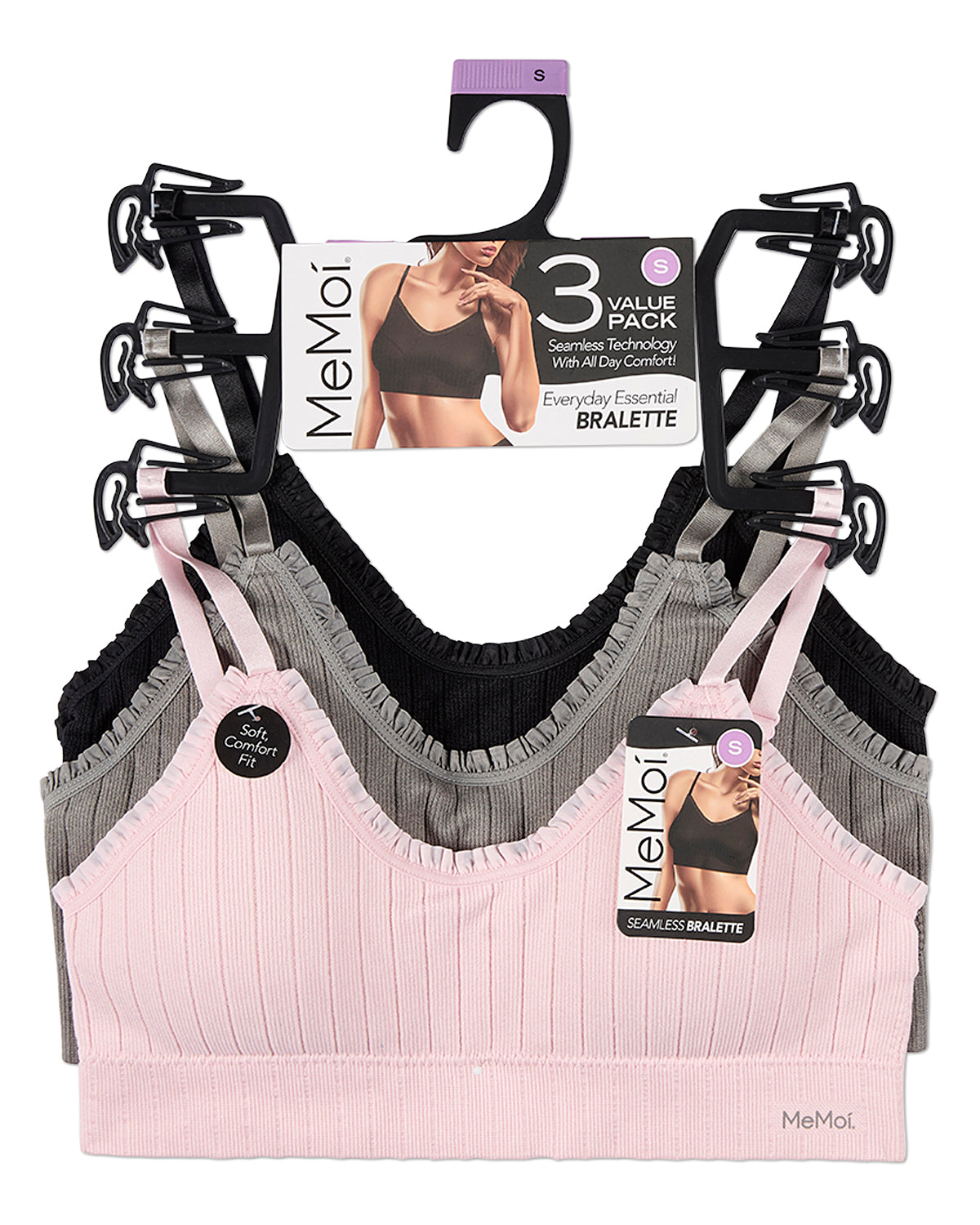 3 Pack Women's Seamless Ribbed Ruffle-Trim Tag-Free Padded Bras