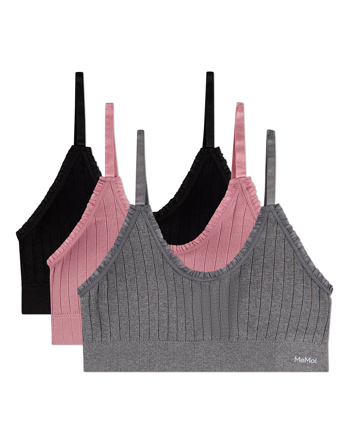 3 Pack Women's Seamless Ribbed Ruffle-Trim Tag-Free Padded Bras