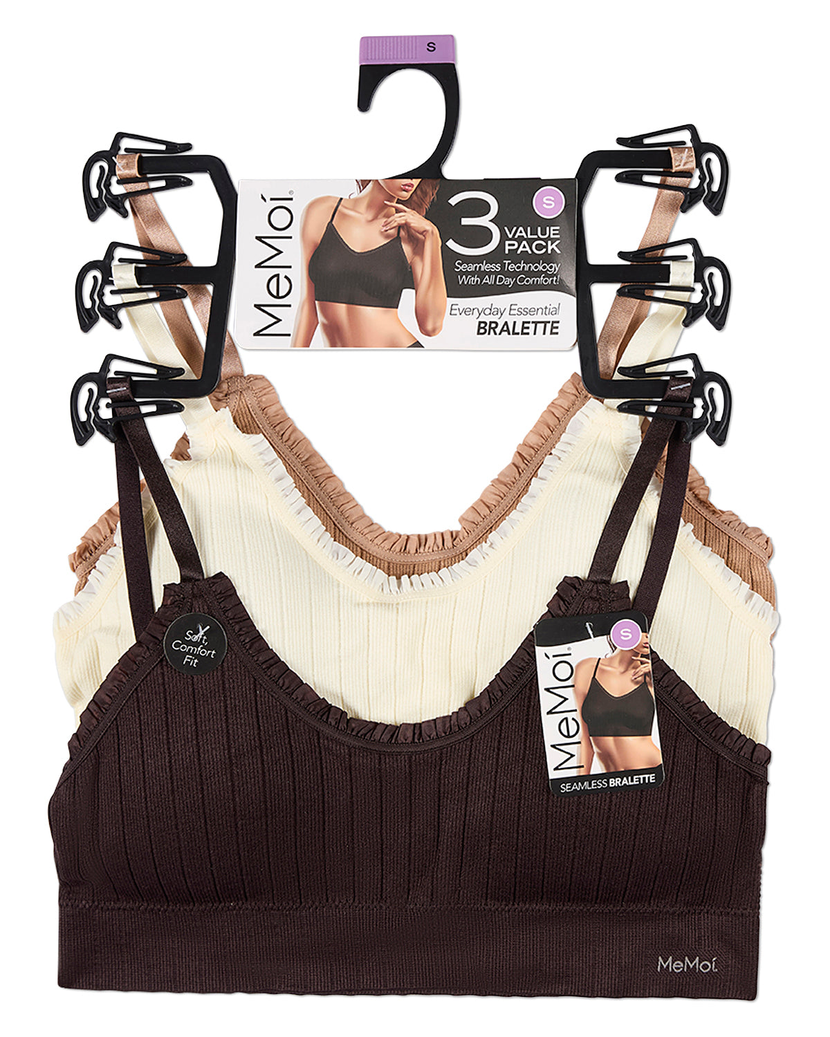 3 Pack Women's Seamless Ribbed Ruffle-Trim Tag-Free Padded Bras