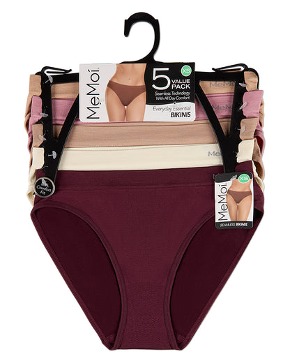 5 Pair Women's Seamless Tag-Free Bikini Panties - Stripes, Solids, Heathers