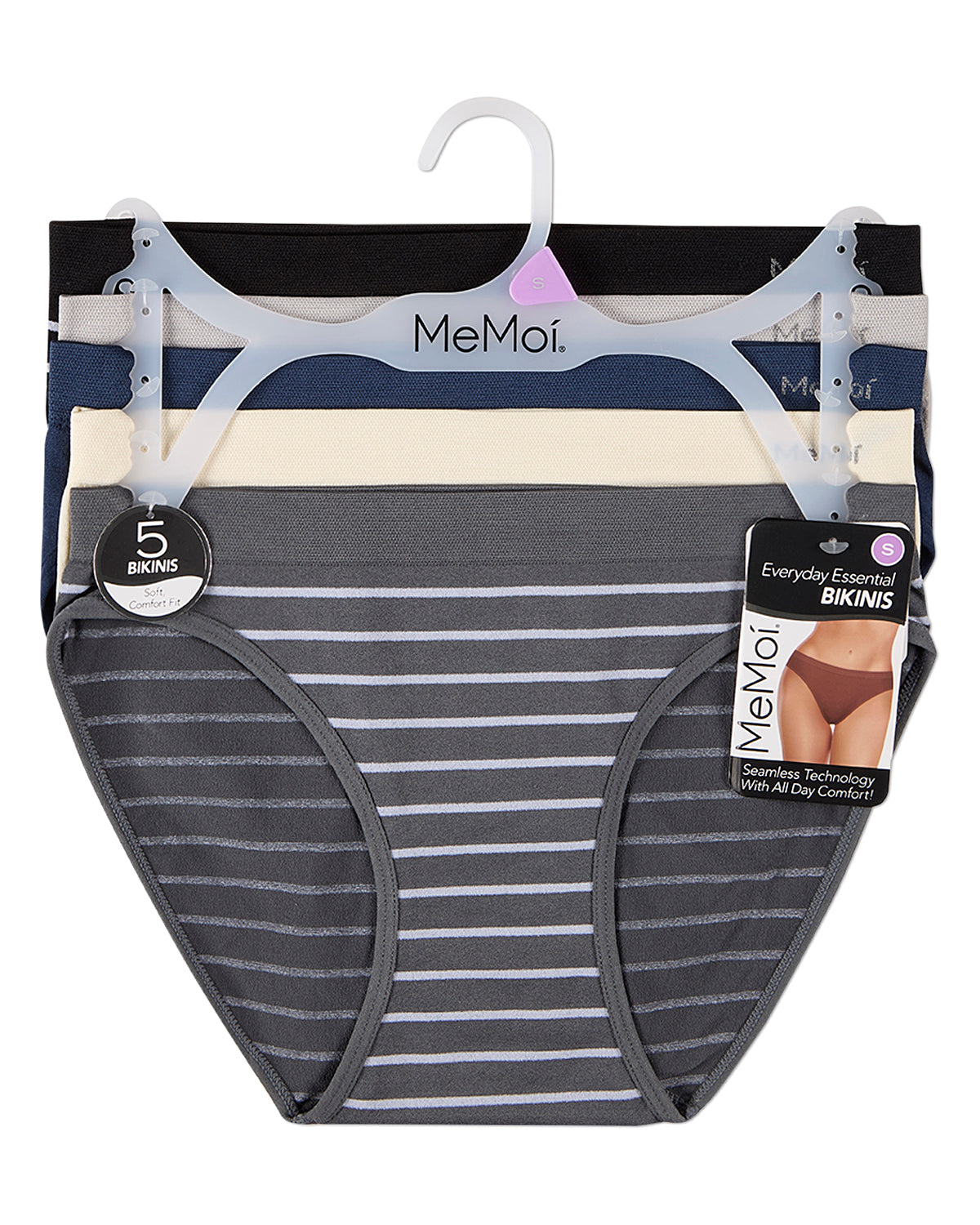 5 Pair Women's Seamless Tag-Free Bikini Panties - Stripes, Solids, Heathers