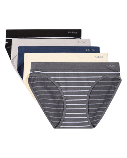 5 Pair Women's Seamless Tag-Free Bikini Panties - Stripes, Solids, Heathers