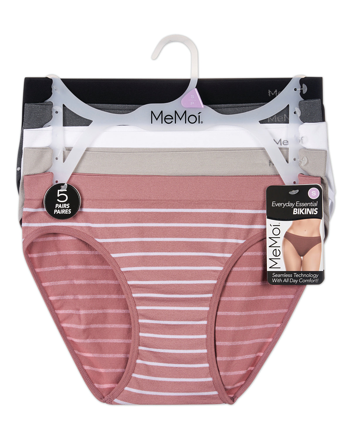 5 Pair Women's Seamless Tag-Free Bikini Panties - Stripes, Solids, Heathers