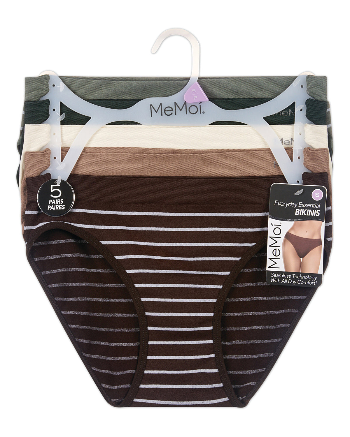 5 Pair Women's Seamless Tag-Free Bikini Panties - Stripes, Solids, Heathers