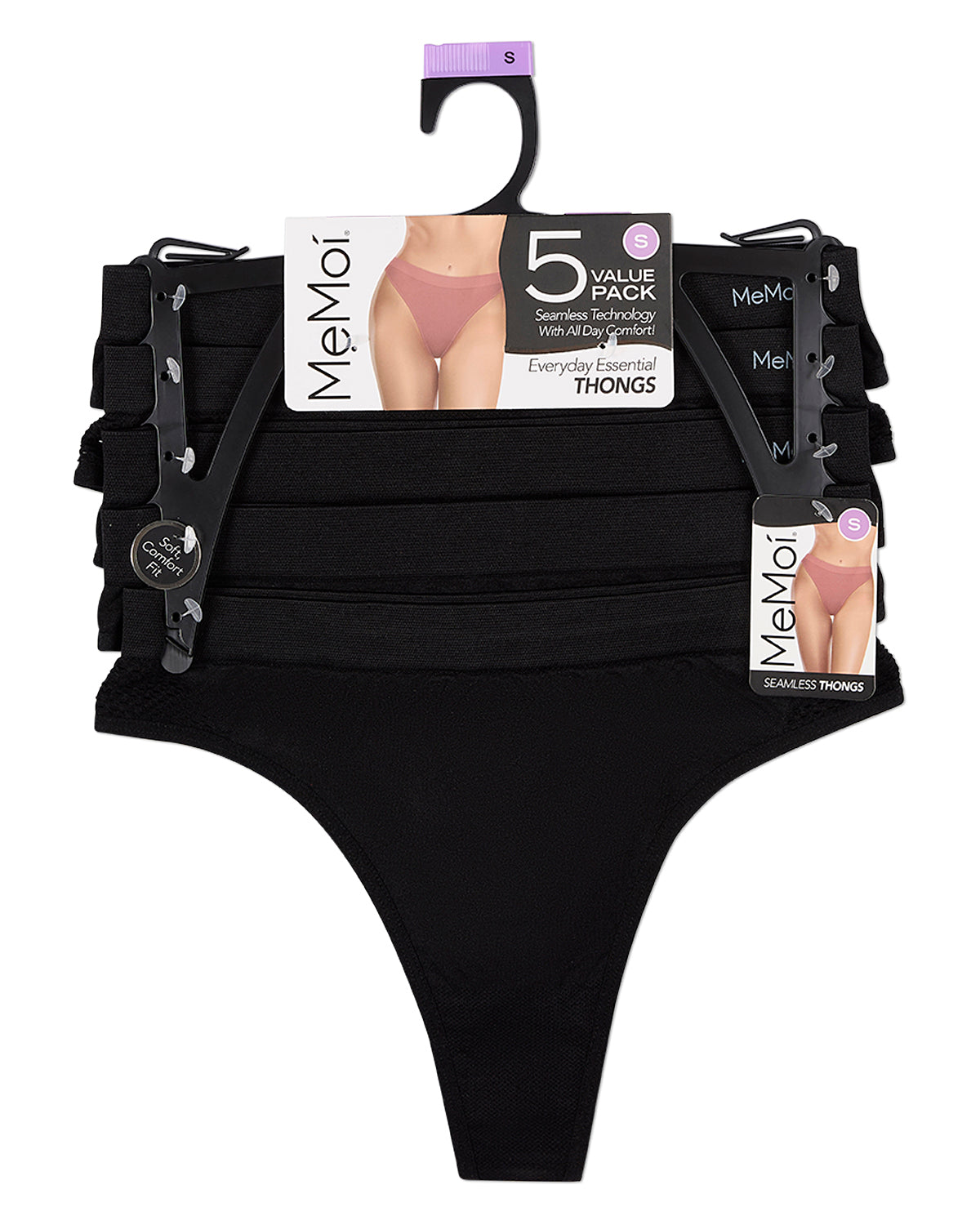 Women's 5 Pair Pack Seamless Side Crochet Thongs : Color: Black  