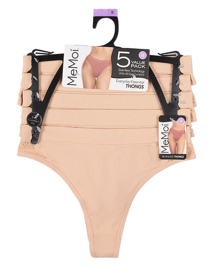 Women's 5 Pair Pack Seamless Side Crochet Thongs : Color: Tan