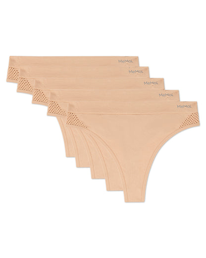 Women's 5 Pair Pack Seamless Side Crochet Thongs : Color: Tan