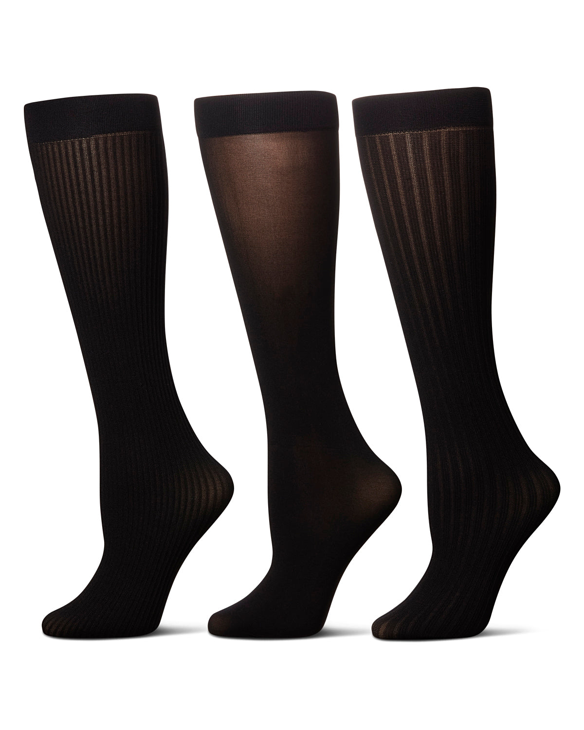 Women's 3 Pair Pack Fine Rib/Solid/ Wide Rib Trouser Socks : Color: Black-Black-Black