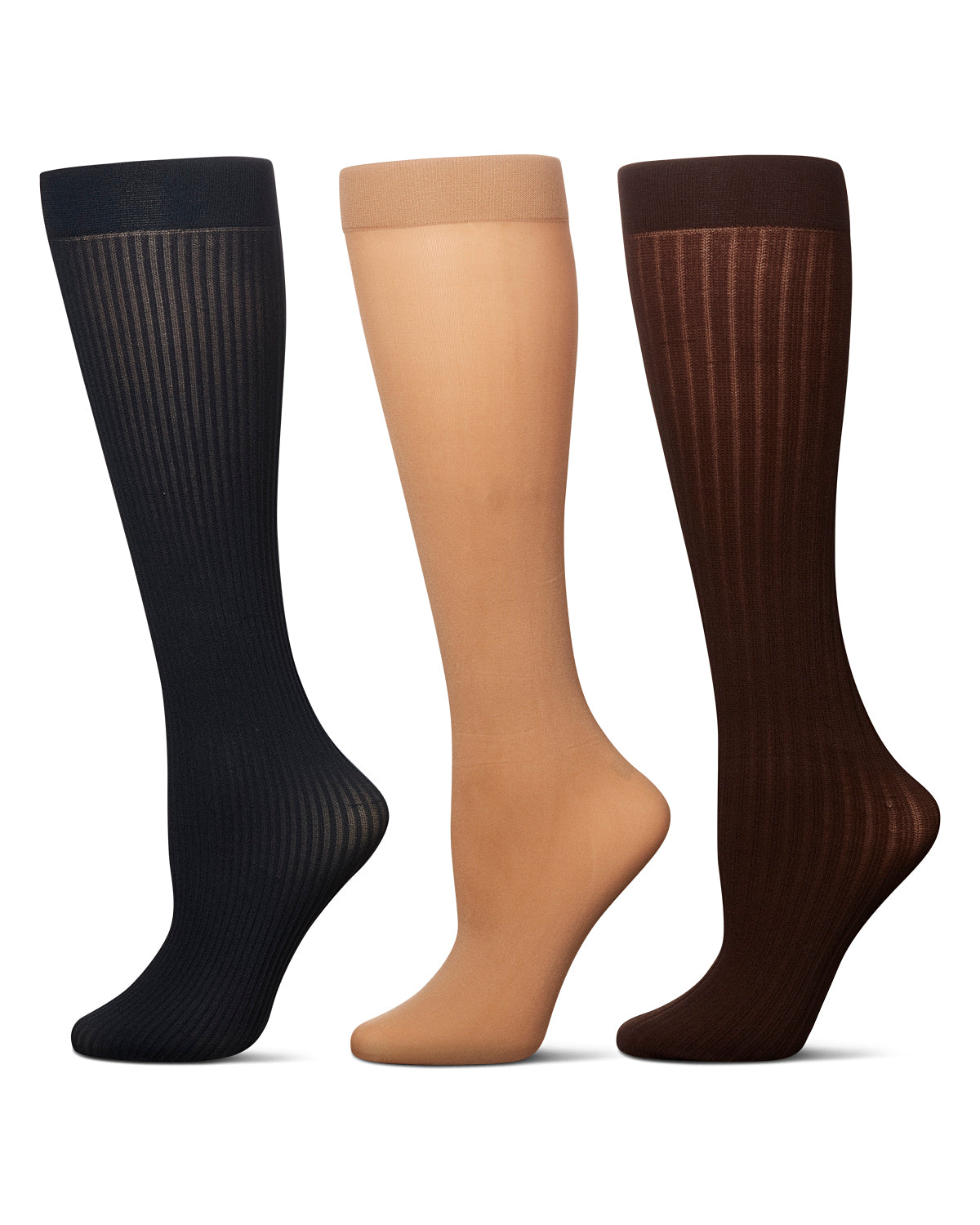 Women's 3 Pair Pack Fine Rib/Solid/ Wide Rib Trouser Socks : Color: Navy-Khaki-Brown