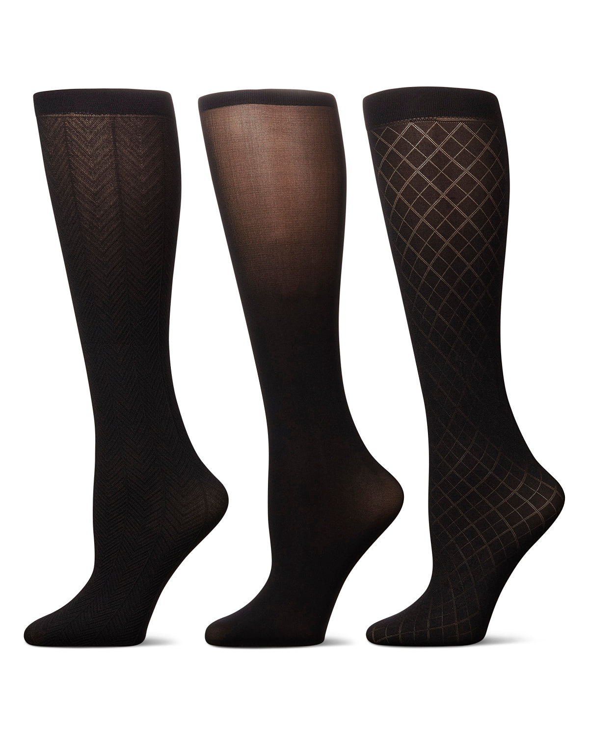 Women's 3 Pair Pack Herringbone/Solid/Diamonds Trouser Socks : Color: Black-Black-Black