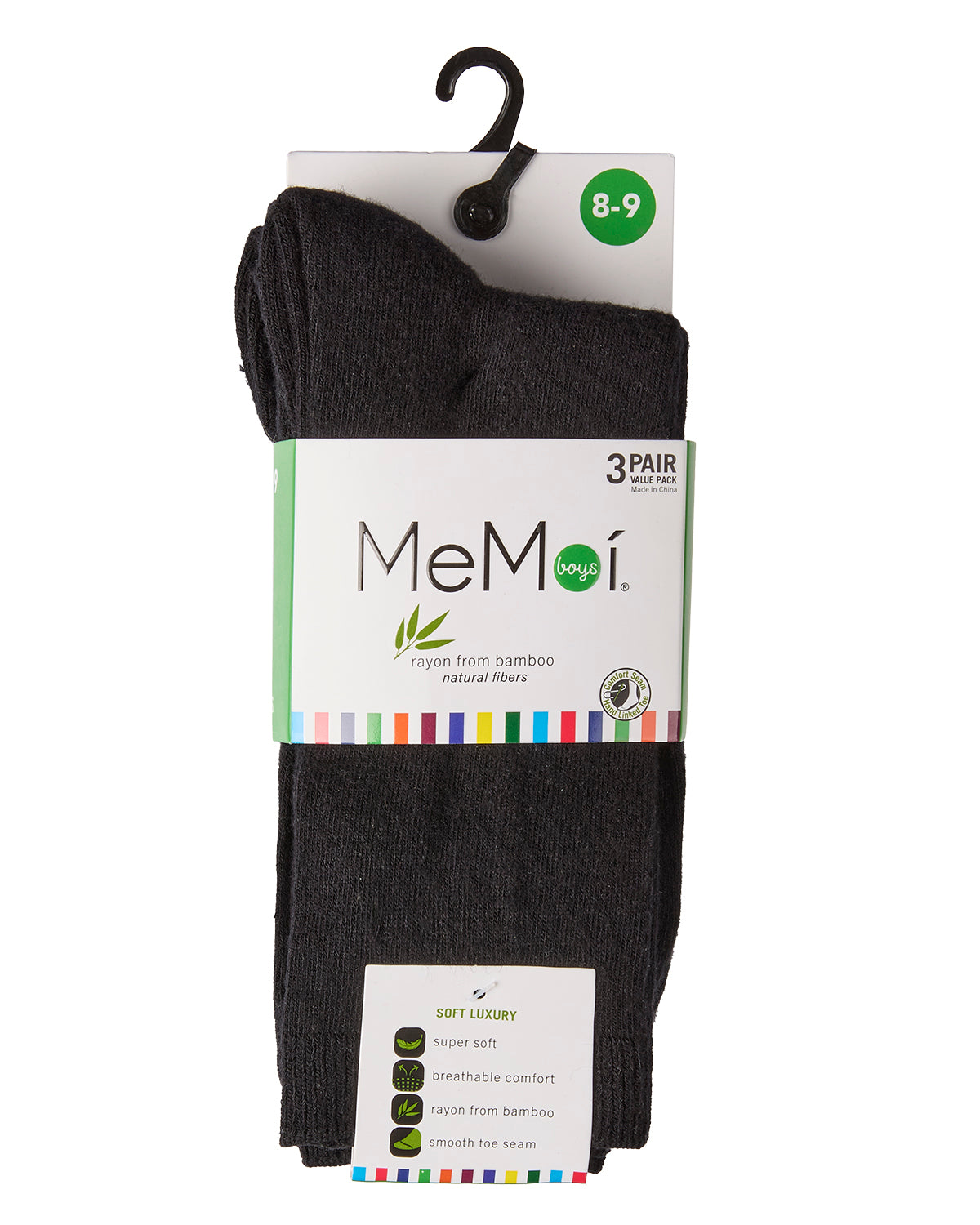 Boys' 3 Pair Pack Flat Rayon from Bamboo Blend Crew Socks : Color: Black