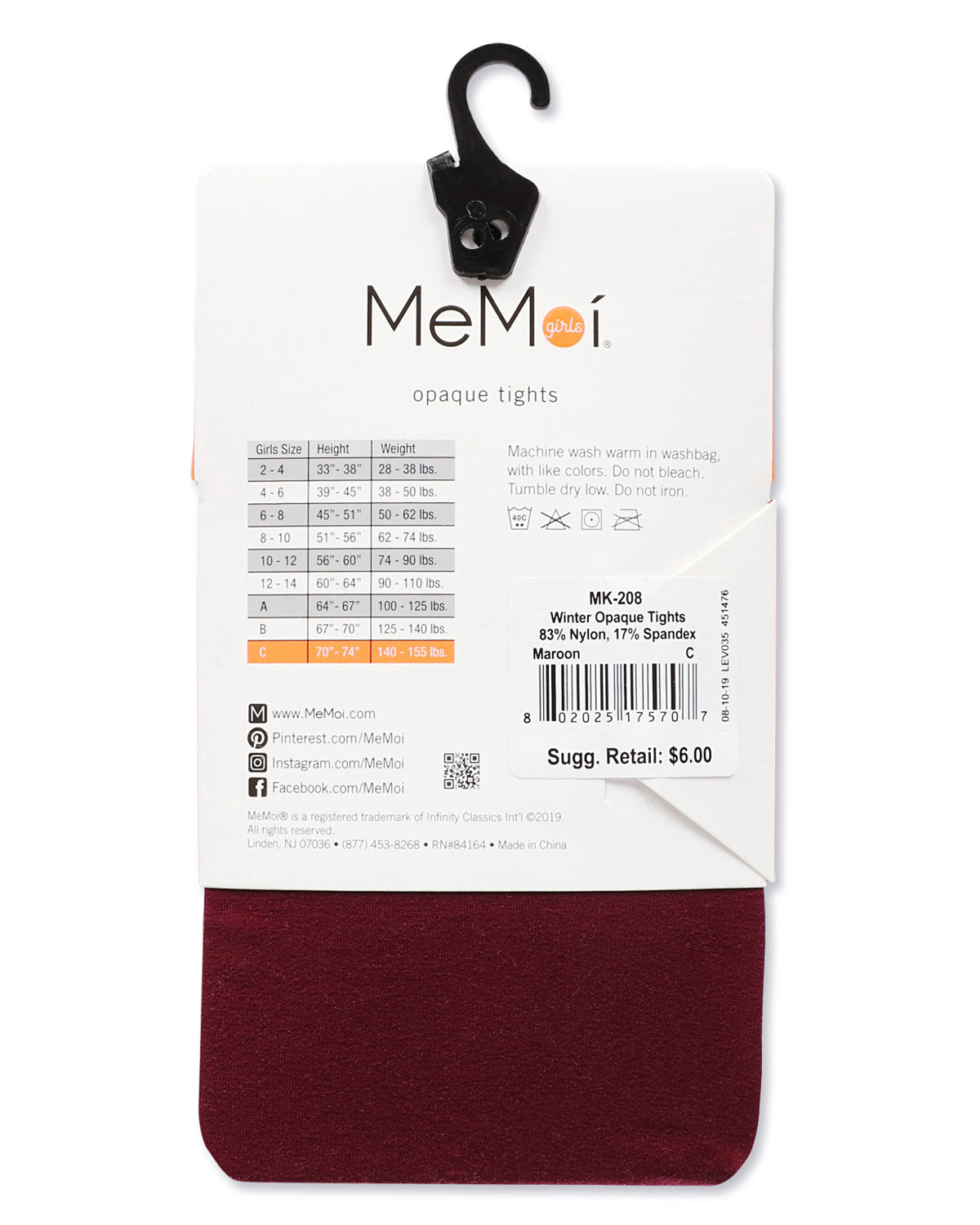 Girls' Teen Winter Opaque Nylon Tights : Color: Maroon