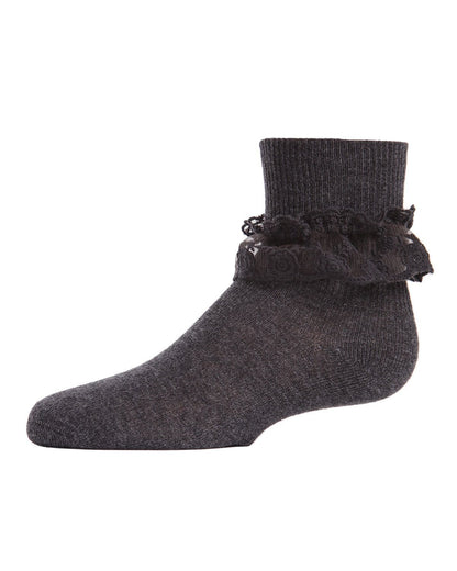 Girls' Layered Lace Cotton Blend Anklet Socks : Color: Charcoal