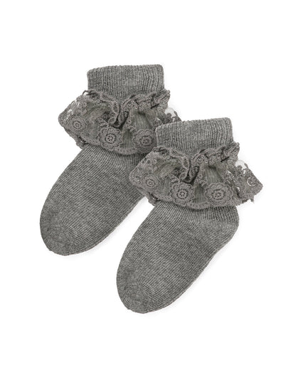 Girls' Layered Lace Cotton Blend Anklet Socks : Color: Light Gray