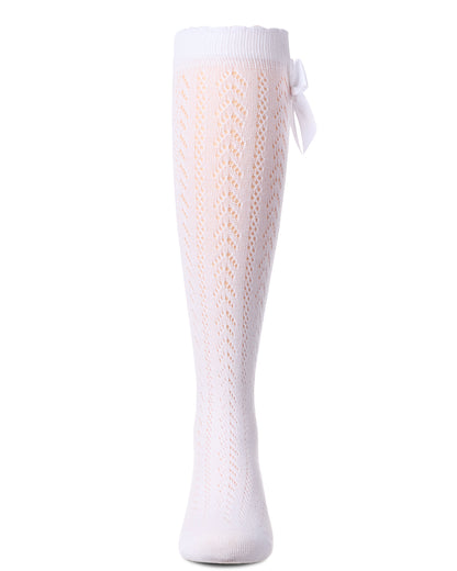 Girls' Crochet Bow Cotton Blend Knee High Sock : Color: White