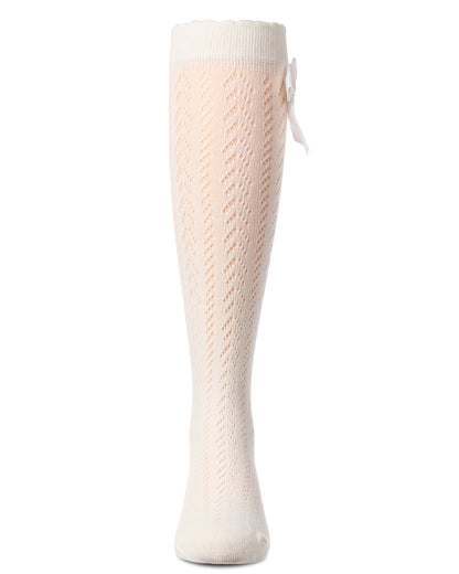 Girls' Crochet Bow Cotton Blend Knee High Sock : Color: Winter White