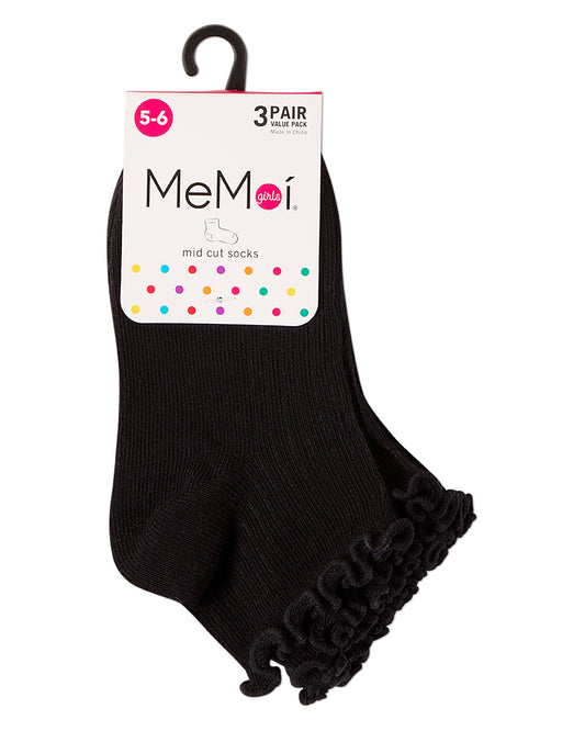 3 Pair Girls Ruffle-Cuff Ribbed Cotton-Rich Mid-Cut Quarter Socks
