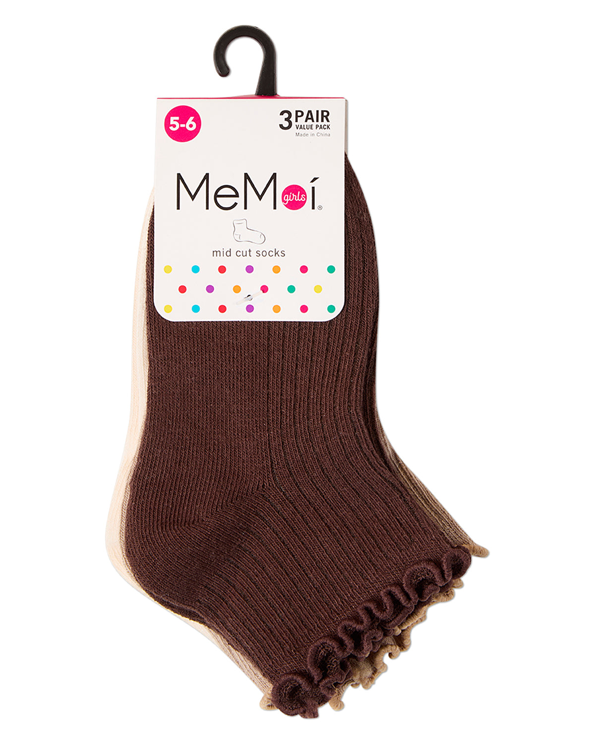 3 Pair Girls Ruffle-Cuff Ribbed Cotton-Rich Mid-Cut Quarter Socks