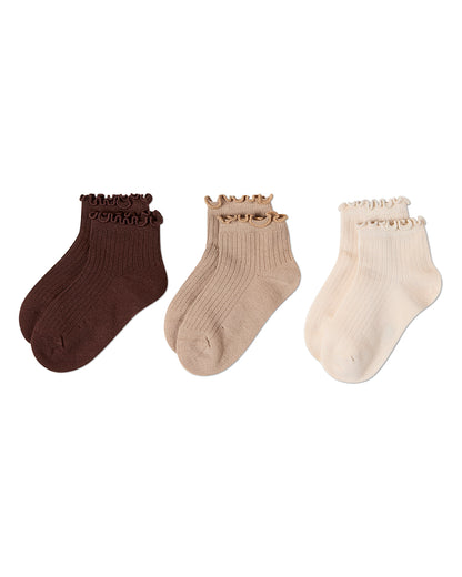 3 Pair Girls Ruffle-Cuff Ribbed Cotton-Rich Mid-Cut Quarter Socks