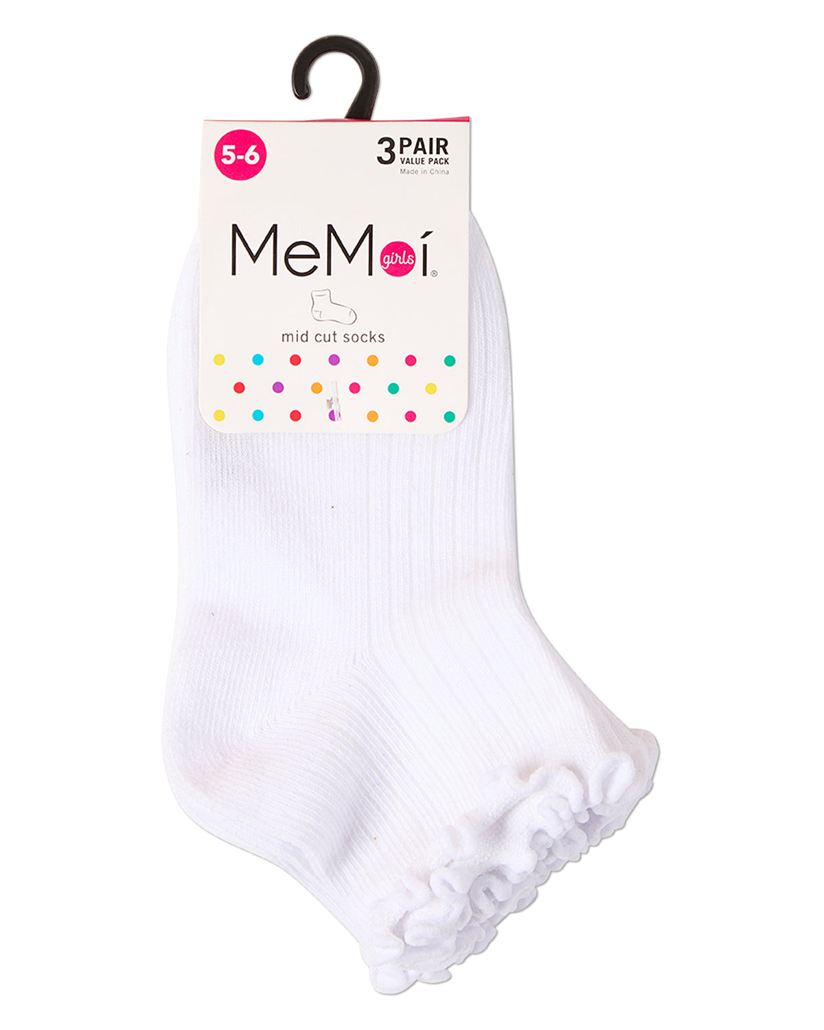 3 Pair Girls Ruffle-Cuff Ribbed Cotton-Rich Mid-Cut Quarter Socks