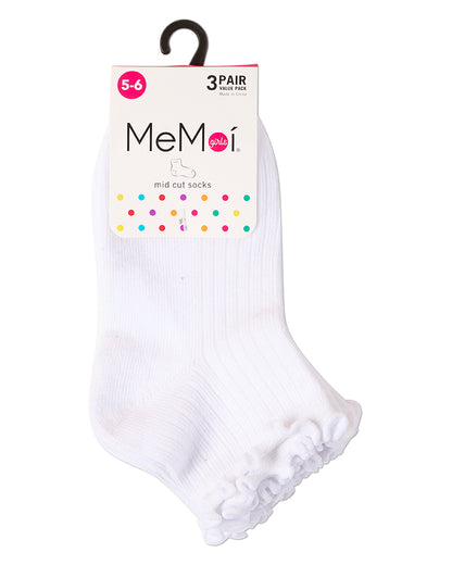 3 Pair Girls Ruffle-Cuff Ribbed Cotton-Rich Mid-Cut Quarter Socks