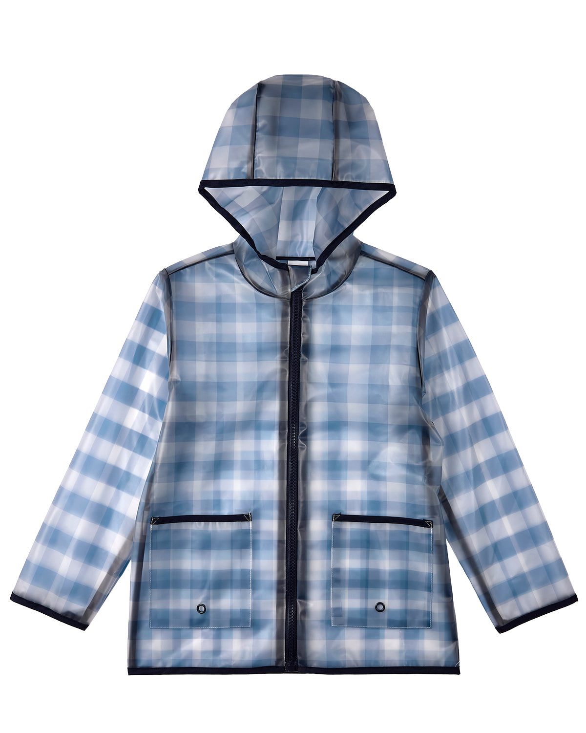 Kids "Checkmate" Checkered Raincoat with Self-Storage Pouch : Color: Navy