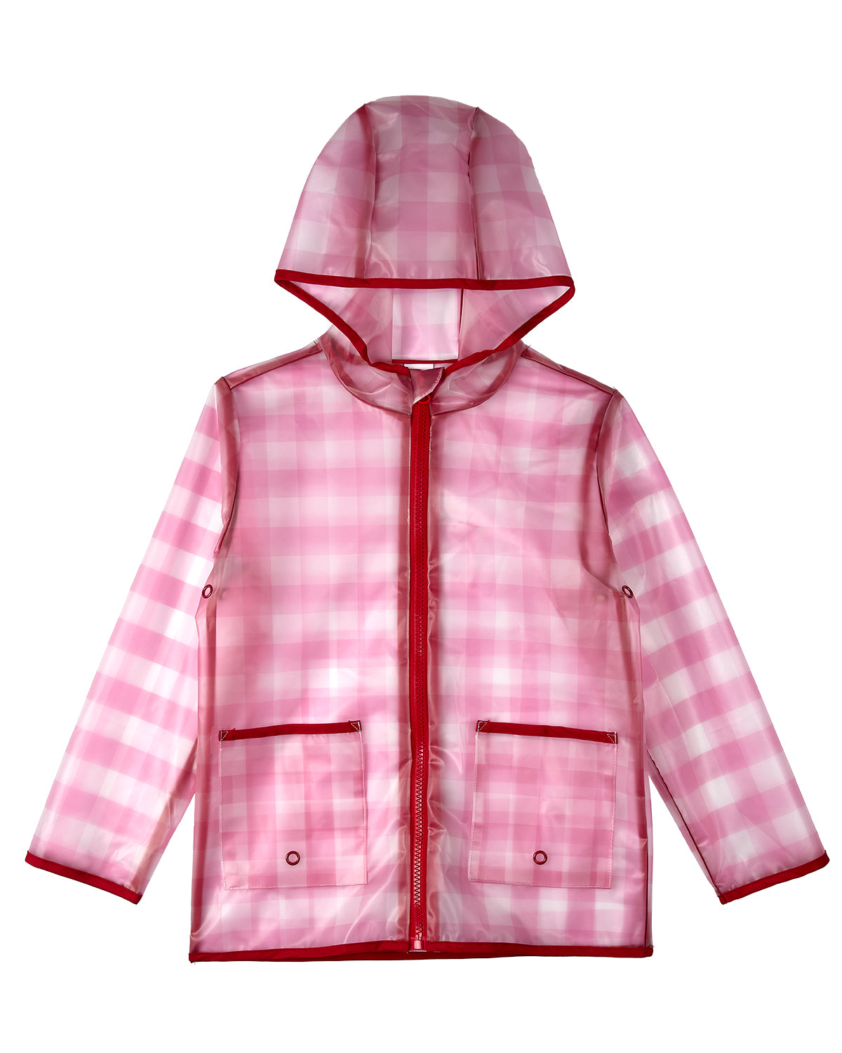 Kids "Checkmate" Checkered Raincoat with Self-Storage Pouch : Color: Pink