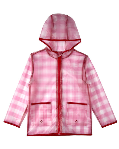 Kids "Checkmate" Checkered Raincoat with Self-Storage Pouch : Color: Pink
