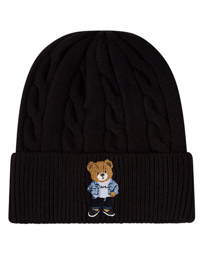 Kids "Cool Teddy" Rayon-Blend Cable-Knit Cuffed Embroidered Beanie