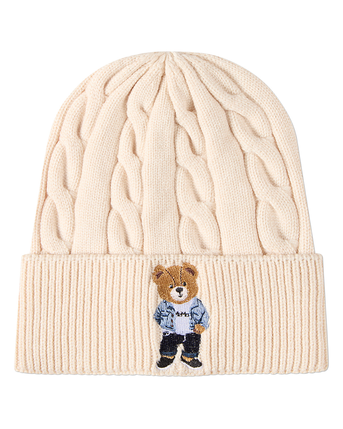 Kids "Cool Teddy" Rayon-Blend Cable-Knit Cuffed Embroidered Beanie