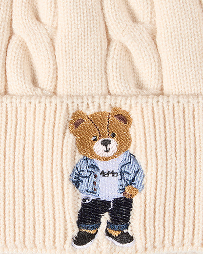 Kids "Cool Teddy" Rayon-Blend Cable-Knit Cuffed Embroidered Beanie