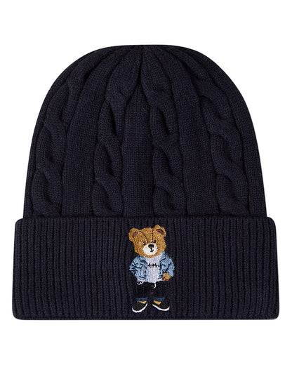 Kids "Cool Teddy" Rayon-Blend Cable-Knit Cuffed Embroidered Beanie