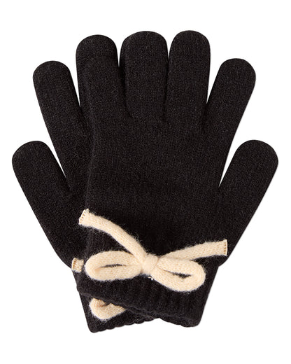 Girls "Sweet Knit Bow" Rayon-Blend Rib-Knit Gloves