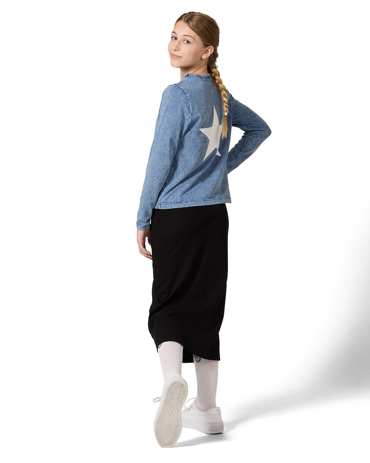 Girls Back Star Design Cotton Rich Long Sleeve T-Shirt : Color: Denim