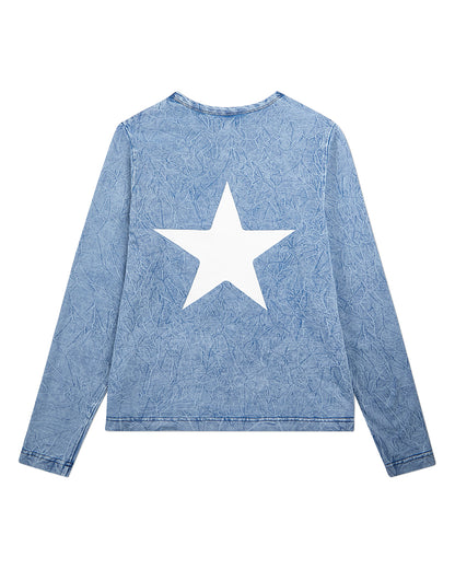 Girls Back Star Design Cotton Rich Long Sleeve T-Shirt : Color: Denim
