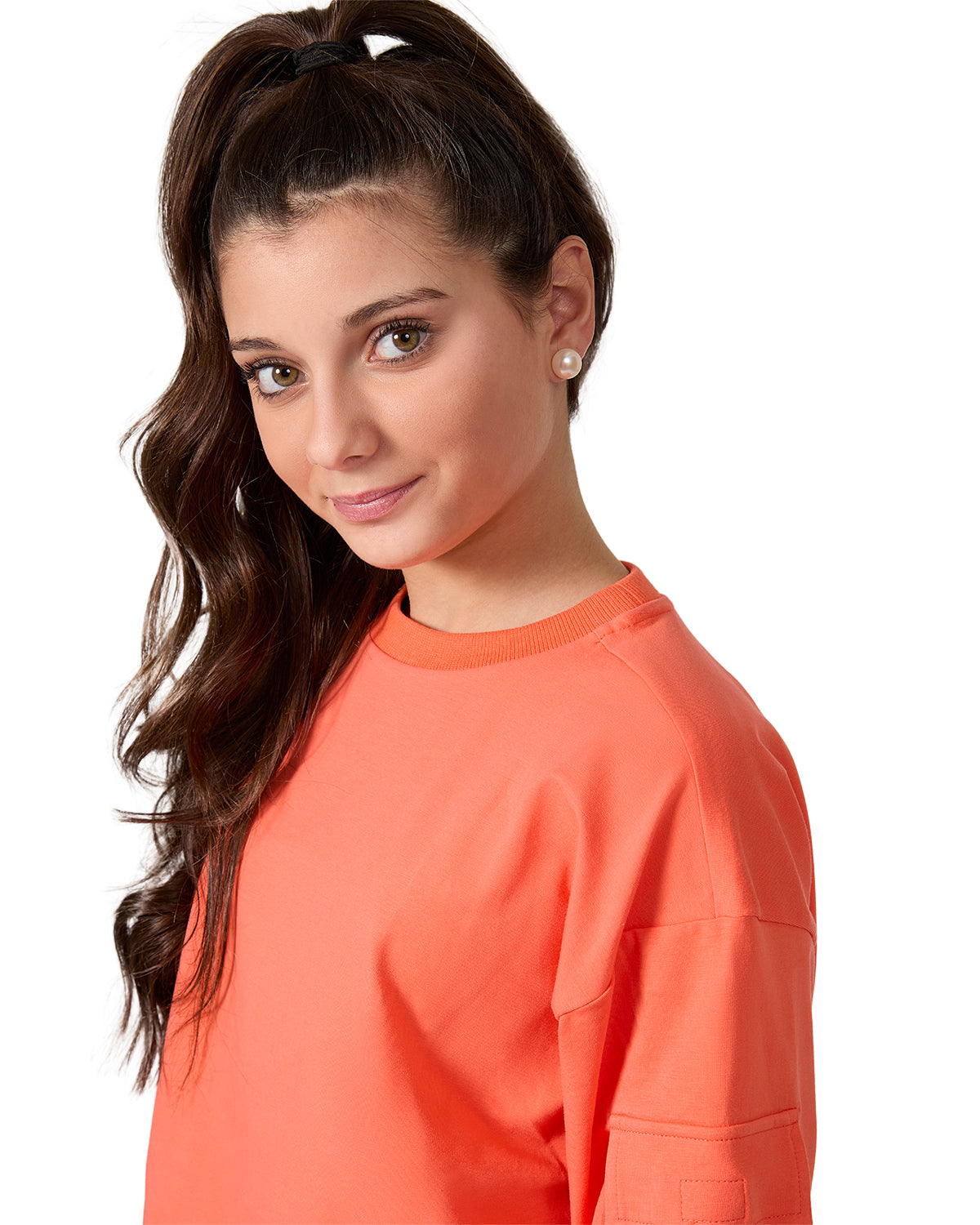 Girls Cargo Sleeve Cotton Rich Bomber Style Long Sleeve T-Shirt : Color: Coral