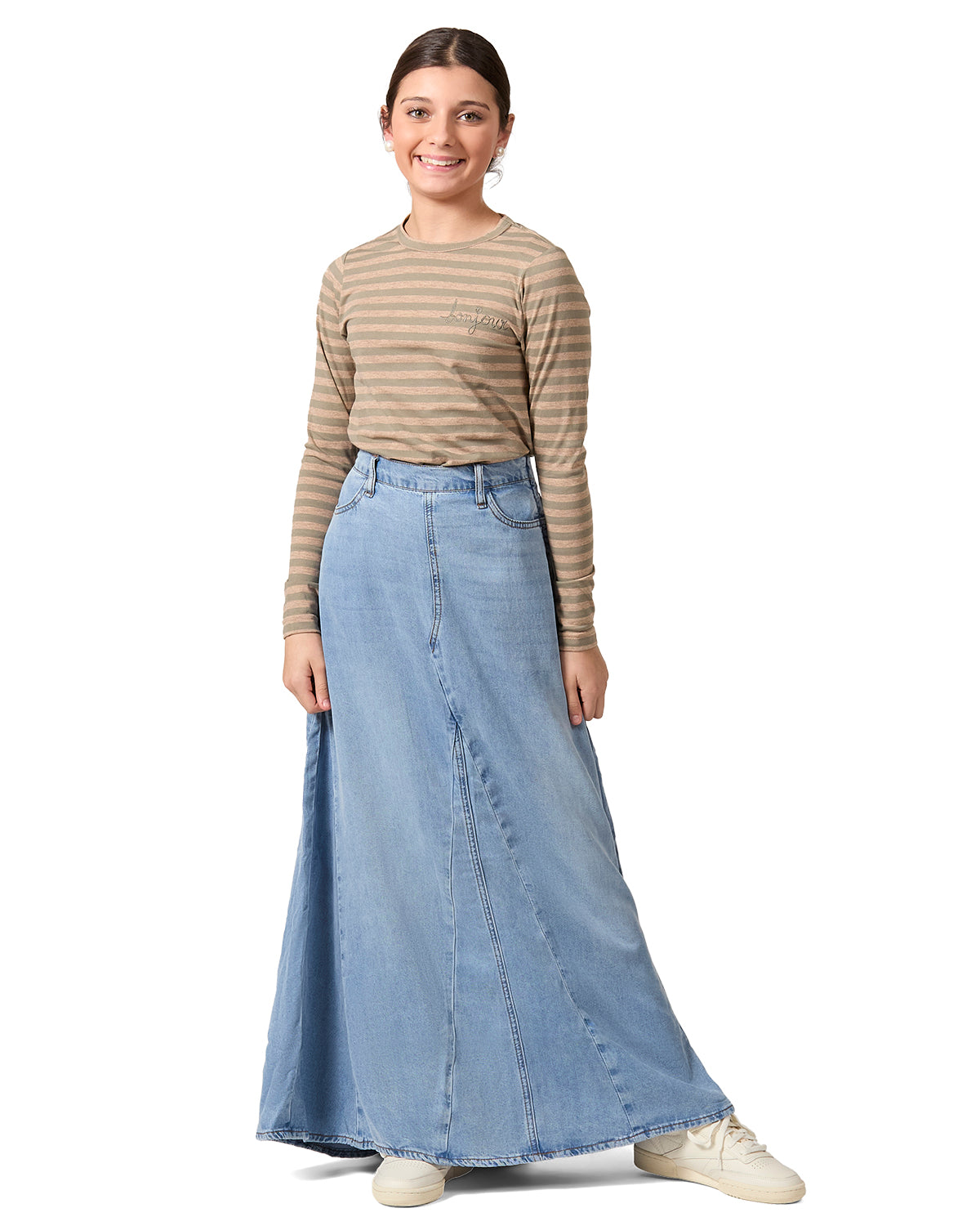 Girls Nautical Striped Cotton-Rich Long Sleeve T-Shirt : Color: Olive