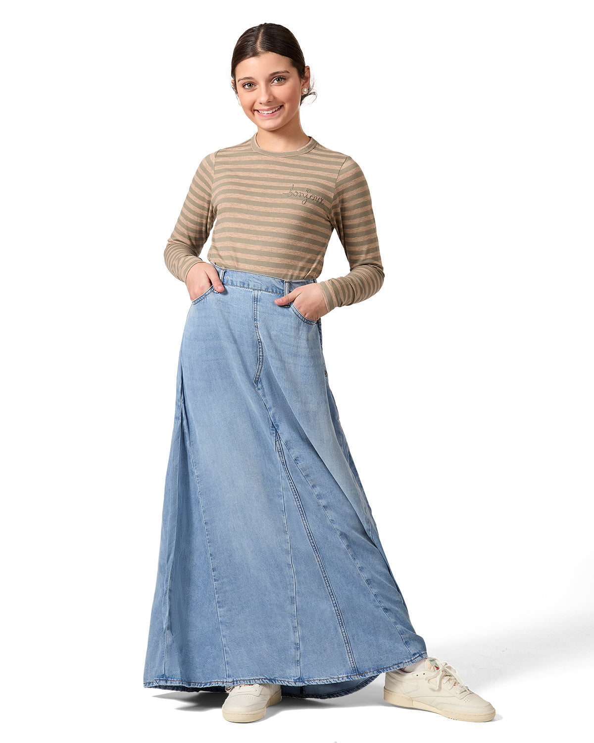 Girls Nautical Striped Cotton-Rich Long Sleeve T-Shirt : Color: Olive