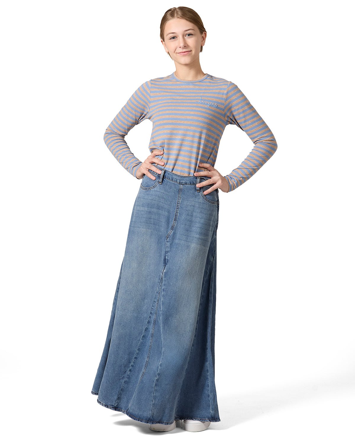 Girls Nautical Striped Cotton-Rich Long Sleeve T-Shirt : Color: Sky Blue