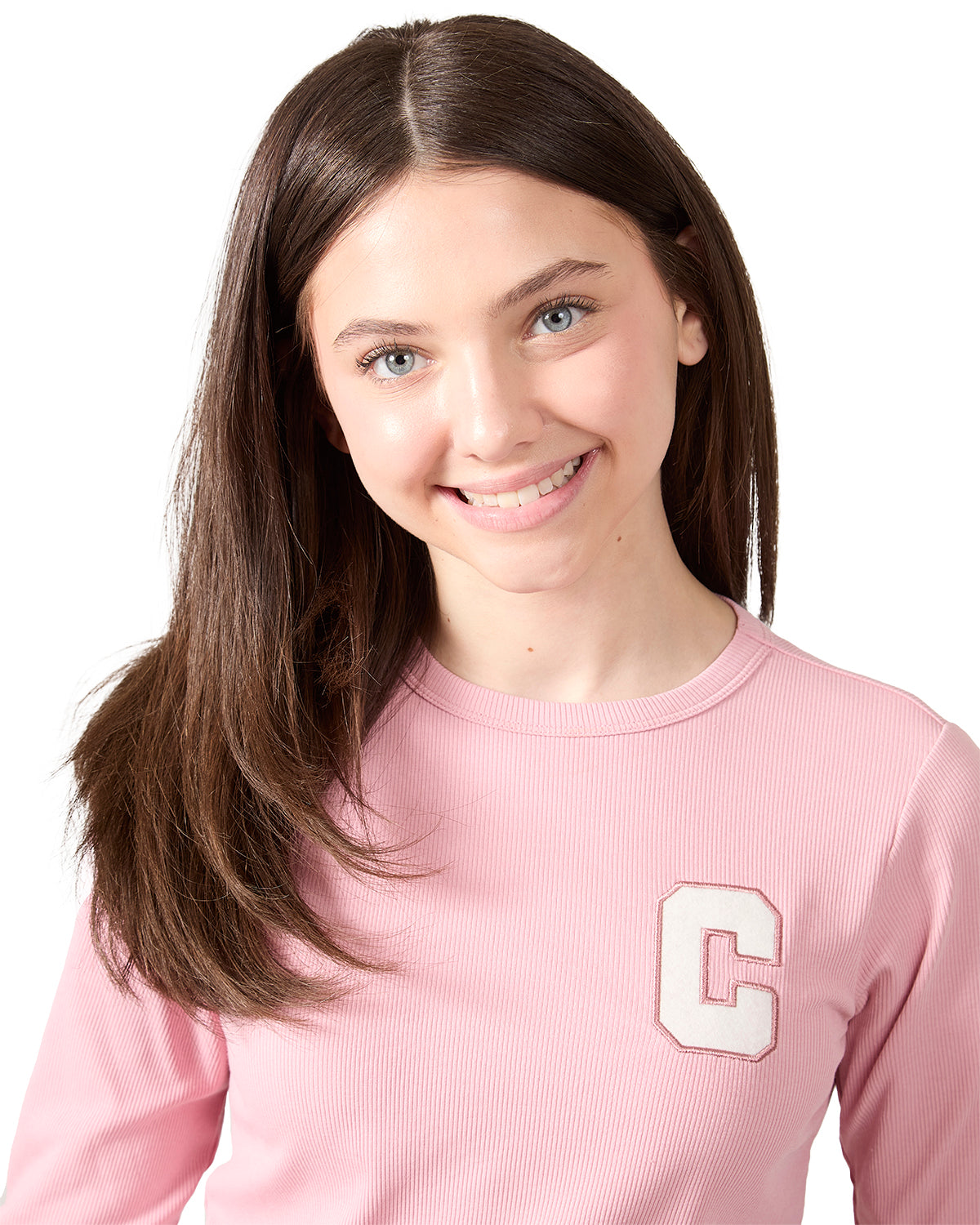Girls Ribbed C-Patch Crossover Hem Long Sleeve T-Shirt : Color: Blush