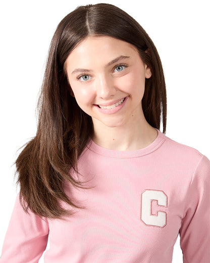 Girls Ribbed C-Patch Crossover Hem Long Sleeve T-Shirt : Color: Blush