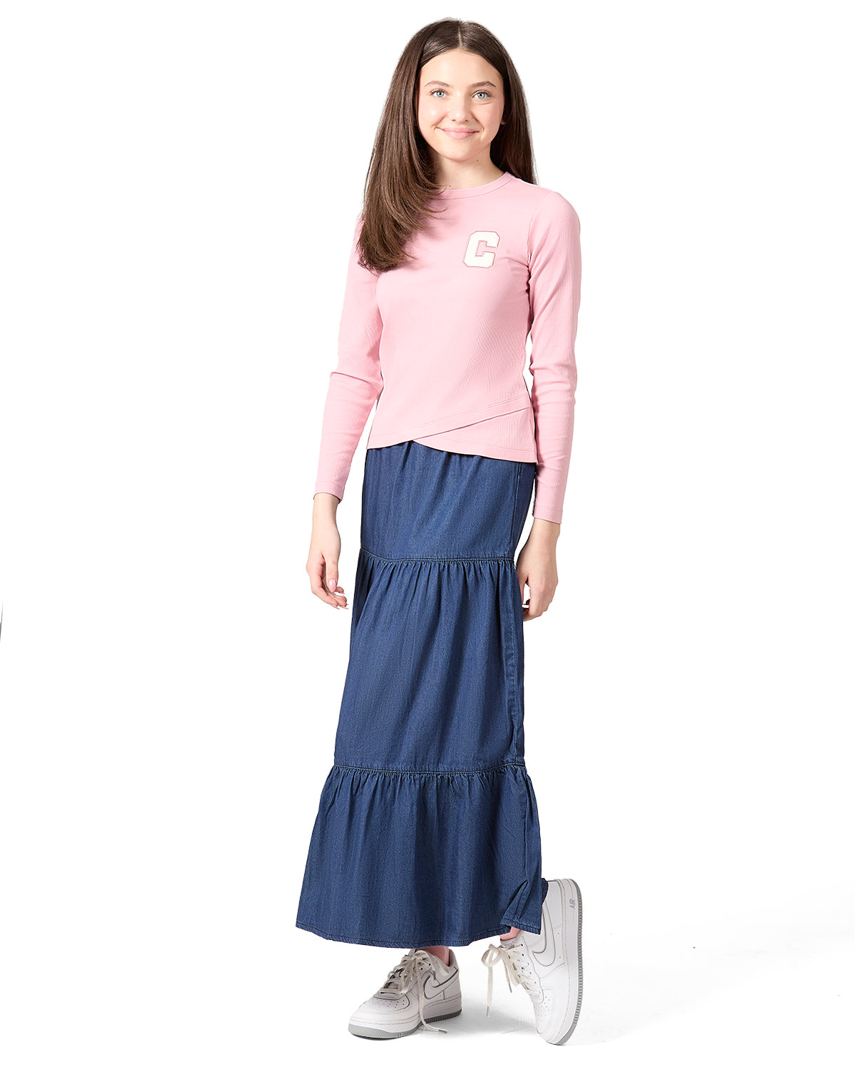 Girls Ribbed C-Patch Crossover Hem Long Sleeve T-Shirt : Color: Blush