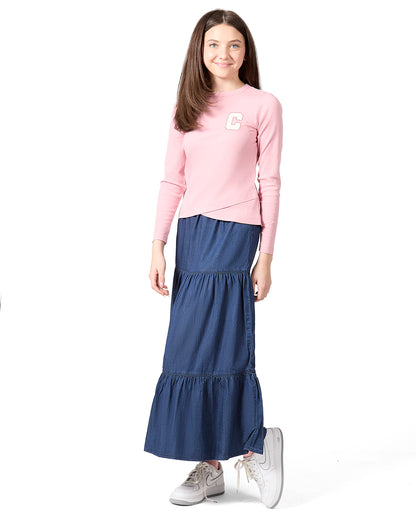 Girls Ribbed C-Patch Crossover Hem Long Sleeve T-Shirt : Color: Blush