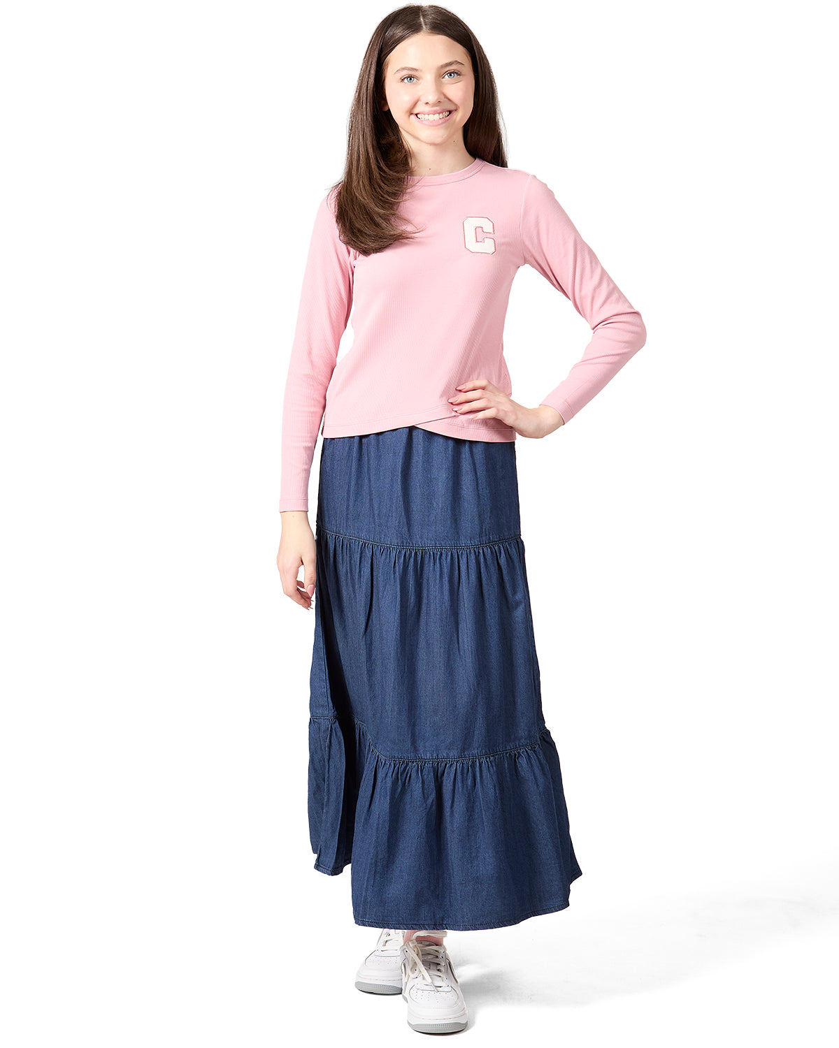 Girls Ribbed C-Patch Crossover Hem Long Sleeve T-Shirt : Color: Blush