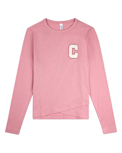 Girls Ribbed C-Patch Crossover Hem Long Sleeve T-Shirt : Color: Blush