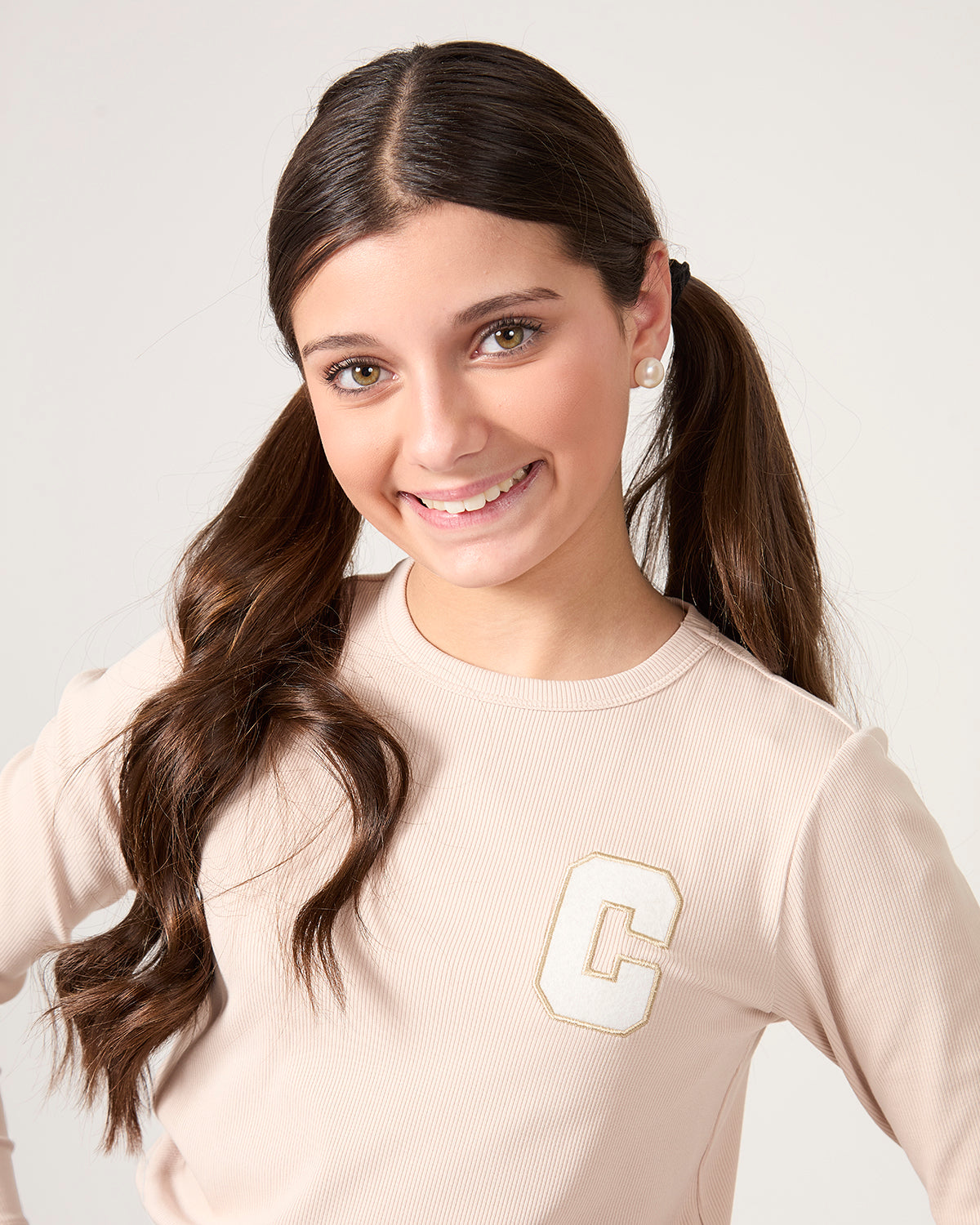 Girls Ribbed C-Patch Crossover Hem Long Sleeve T-Shirt : Color: Sand
