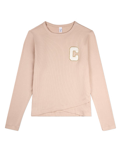 Girls Ribbed C-Patch Crossover Hem Long Sleeve T-Shirt : Color: Blush