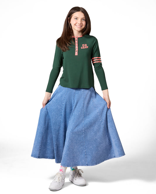 Girls Snap-Front Varsity Long Sleeve T-Shirt : Color: Forest Green