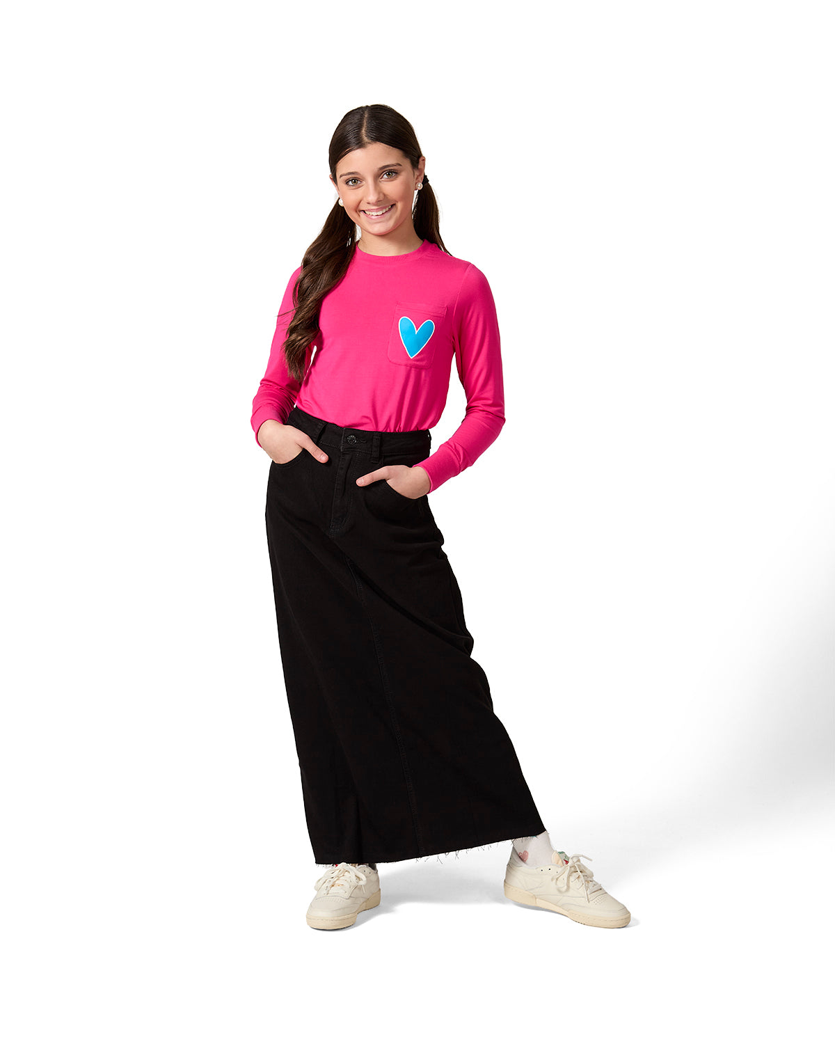 Girls Heart Graphic Trimmed Pocket Long Sleeve T-Shirt : Color: Hot Pink