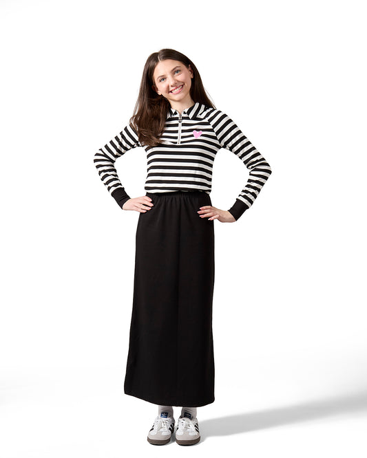 Girls Striped Mini-Ribbed Quarter Zip Long Sleeve T-Shirt : Color: Black